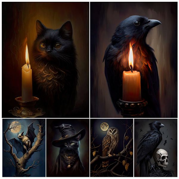 Autre événement Fourniture de fête Bat Black Cat Witch Antique Chowl Raven Raven Wall Art Canvas Peinture Darky Witchy Halloween Gothic Vintage Art Affiche Impression Impression Home Decor 230812