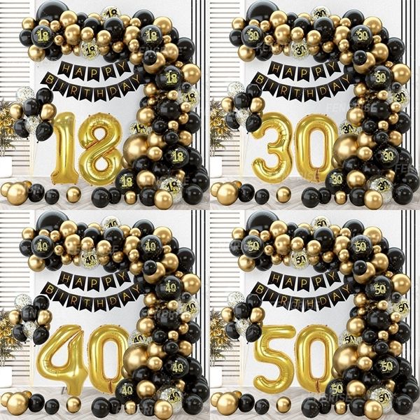 Autres fournitures de fête d'événement Black Gold Balloon Garland Arch Kit Confetti Latex Happy 18 30 40 50 ans Anniversaire Décor Adultes Anniversaire 230901