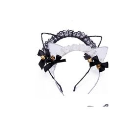 Autres fournitures de fête d'événement Ruban de bandeau d'oreille de chat en dentelle noire Ajouter des cloches d'or Kawaii Kitty Cosplay Bande de cheveux Bâton Halloween Chri Dh8Ep