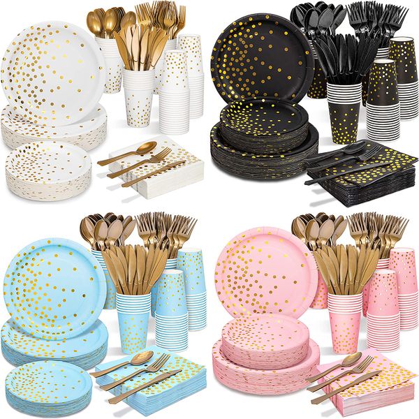 Autres fournitures de fête d'événement Noir Blanc Bleu Golden Dot Vaisselle Set Assiettes en papier Tasses Serviettes Graduation Anniversaire Mariage 230822