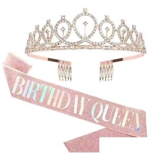 Andere evenementenfeestje Leveringen Bling Rhinestone Crystal Crown Tiara Birthday Anniversary Decoratie Happy 18 21 30 40 50th Satin Sash Dhikv