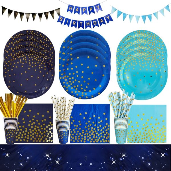 Autres fournitures de fête d'événement Bleu Vaisselle jetable Set Navy Black Paper Plate Cups Nappe Pailles Mariage Anniversaire Baby Shower Décorations 230822