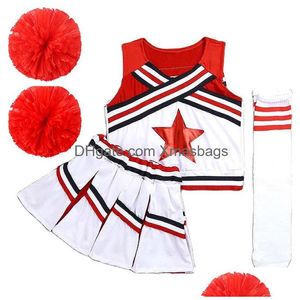 Autres événements Fournitures de fête Cheerleading Pompoms Costume Femmes Filles Compétition Rouge Pom-Pom girls School Team Uniforme Costume de classe Fo Dheiy