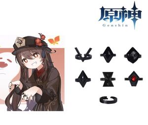 Autres fournitures de fête d'événement Chine Anime Genshin Impact Cosplay Accessoire Hu Tao Cos Anneaux Ensemble Bague en alliage d'argent noir 7 avec cadeau 6498504