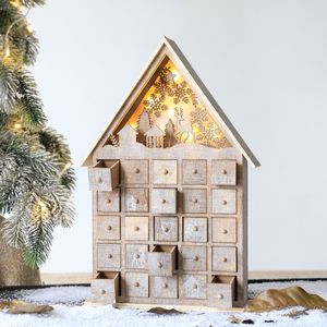 Andere evenementenfeestjes Kerstliggen LED -Lichten Wooden Advent Kalender Batterij Village Huis Santa Claus Countdown ornament met laden Box Jaar Gift 230329