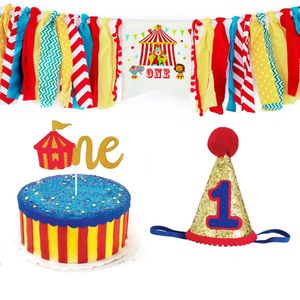 Autres fournitures de fête d'événement Ensemble de décoration de fête de cirque Carnaval Thme Chaise de salle à manger pour bébé Gland Bannière Gâteau Topper 1er anniversaire Chapeau pour enfants Premier anniversaire 231007