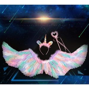 Autres fournitures de fête d'événement Colorf Feather Wings Halloween Dressing Props Rainbow Angel Enfants Spectacle de fées Petite fille Princesse Gi Dhqpb