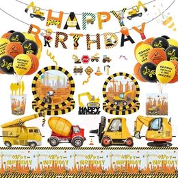 Autres fournitures de fête d'événement Thème de la construction Vaisselle Tracteur Camion Gobelets jetables Assiettes Nappe pour enfants Garçon Décorations de fête d'anniversaire 220829