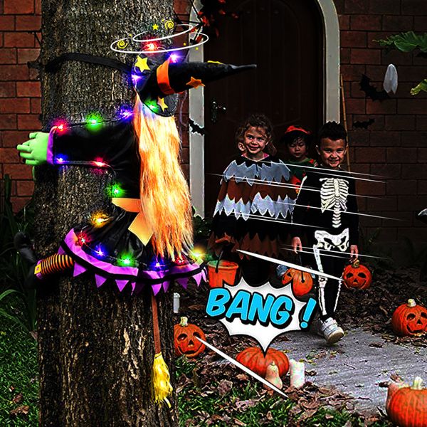 Autres fournitures de fête d'événement Crashing Witch Into Tree Halloween Décor avec Fairy String Light Outdoor Tree Door Porch Garden Halloween Funny Ornement Props 230905