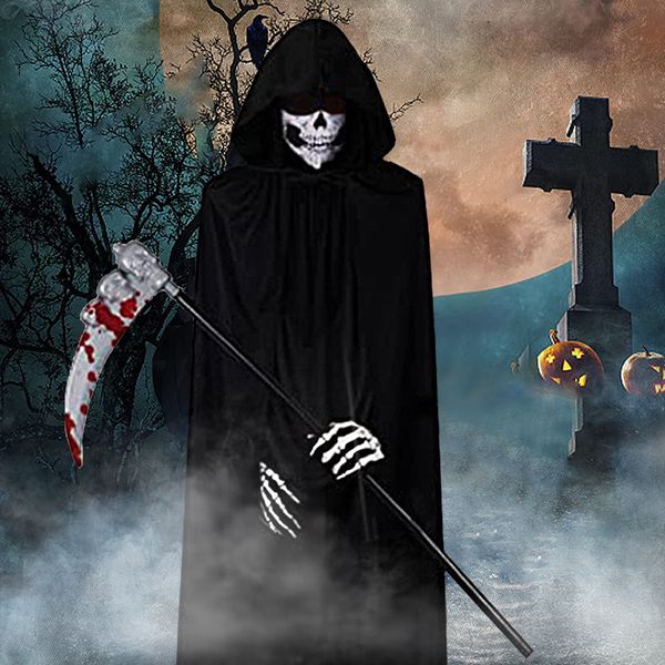 Otros suministros para fiestas de eventos Disfraz creativo de Halloween Grim Reaper Capa unisex Disfraces de miedo para niños con túnica Ojos rojos brillantes Capucha Cinturón Guadaña Guantes 230609