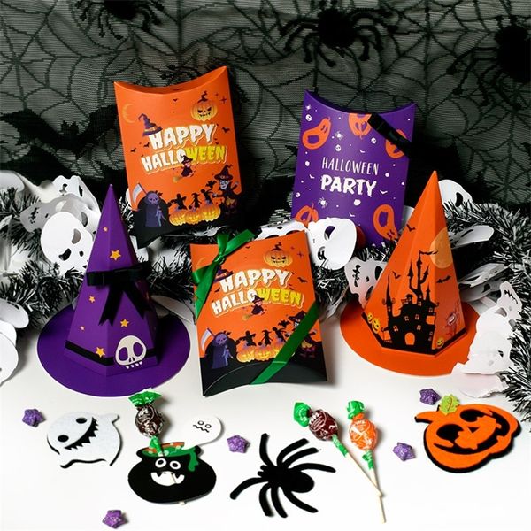 Autres fournitures de fête d'événement Thème d'Halloween mignon Chapeau de sorcière Forme Sac en papier Boîte de crâne de bonbons Chapeau de dessin animé Bonbons Biscuit Cadeau Emballage cadeau créatif Boîte de papier 220829