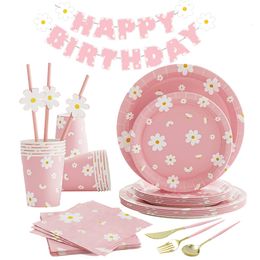 Autres fournitures de fête d'événement Daisy thème anniversaire décor rose vaisselle jetable assiette en papier serviette bannière chapeau 1 an bébé douche 230822