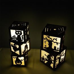 Autres fournitures de fête d'événement DIY assemblé Halloween lumières décoratives carrées LED lumière citrouille sorcière fantôme décoration lumineuse pour la maison fête bureau lumière en bois 220829