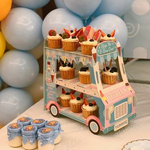 Autres fournitures de fête d'événement Fournitures de gâteau à deux étages en forme de bus Support de cupcake de bus Chariot de crème glacée Enfants Tables de dessert d'anniversaire Décor de fête 231127