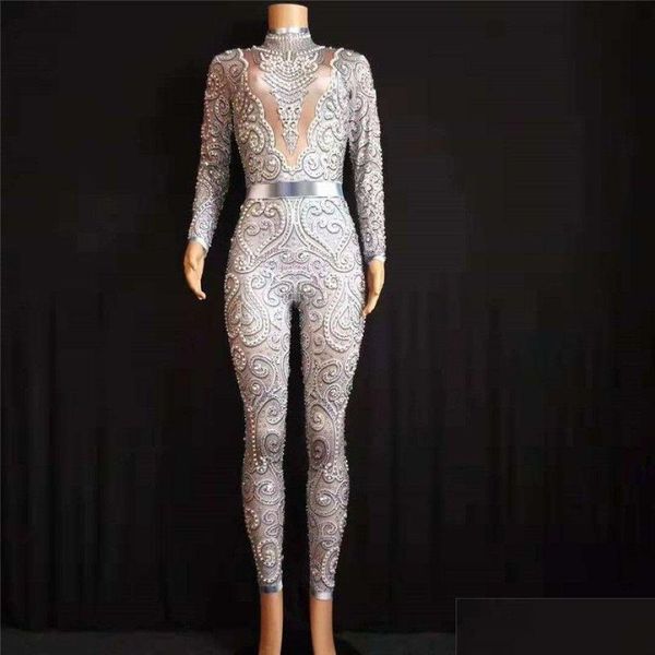 Autres événements Fournitures de fête E25 Femmes Pole Dance Wear Body Perle Diamants Combinaison Tenues serrées Disco Qerformance Costumes Sin Dhuie