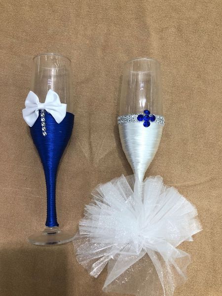 Autres fournitures de fête d'événement est 1 paire lot bleu et blanc Bowknot mariage verres à champagne pour la décoration 230603