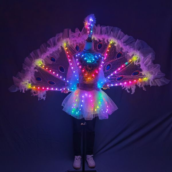 Autres fournitures de fête d'événement Full Color LED Peacock Wings Discothèque Modèle de passerelle Dance Party Stage Performance Wear Dress Femmes Fille Ballet Jupe 230712