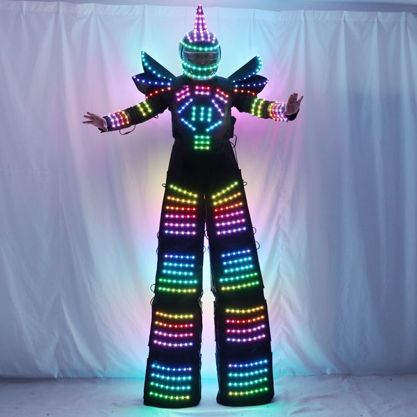 Autres fournitures de fête d'événement Full Color Pixel LED Robot Costume Vêtements Échasses Marcheur Costume LED Costume Costume Casque Gants Laser CO2 Gun Jet Machine 230712