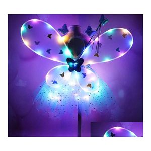 Autres fournitures de fête d'événement Fille LED Ailes de papillon Ensemble avec jupe Glowtutu Fée Baguette Bandeau Princesse Light Up Party Carnaval C Dhbmx