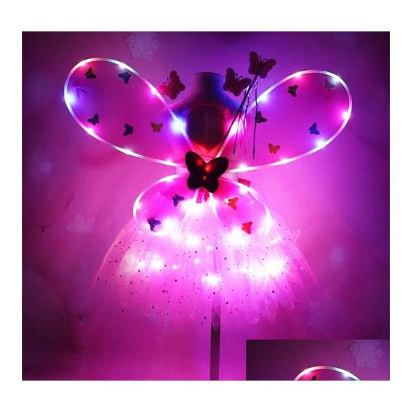 Otro evento Suministros para fiestas Chica LED Alas de mariposa Conjunto con falda de tutú brillante Varita de hadas Diadema Princesa Iluminar Disfraz de carnaval Gi DH1SX