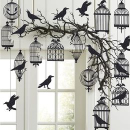 Andere evenementen Feestartikelen Glitter Black Crow Cage Halloween Decoraties voor Gothic Boom Hangende Raven Vogel Banner Garland 230904