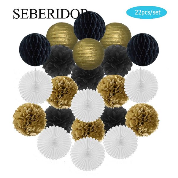 Autres fournitures de fête d'événement Gold Black White Set Round Paper Ball Lantern Tissue Fans 8 