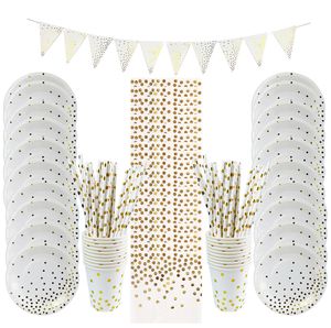 Autres fournitures de fête d'événement Gold Dot Vaisselle jetable Serviette en papier Coupes Couteaux Fourchettes Cuillères Nappe Assiettes Pailles pour la décoration d'anniversaire de mariage 230822