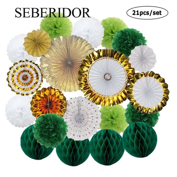 Otro evento Suministros para fiestas Conjunto verde dorado Ventilador de papel plegable Bola redonda Tejido de panal Pompón para aniversario de boda Bautismo Decoración navideña de Navidad 230206