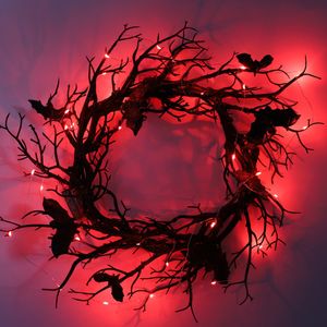 Autres fournitures de fête d'événement Halloween Bat Couronnes de branches noires avec lumière LED rouge Couronnes de 45 cm pour portes fenêtre guirlande de fleurs Halloween décoration de la maison 230905