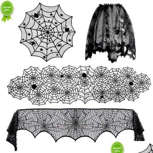 Otros suministros para la fiesta de eventos Halloween Bat Table Runner Black Spider Web Lace manta de encaje Cortinas de chimenea Decoración del hogar Props Dh0qu