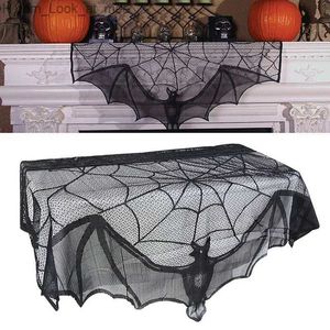 Otros suministros para la fiesta de eventos Halloween Bat Table Runner Black Spider Web Lace Tablecloth Cortina de chimenea para la fiesta de Halloween Home Decoration Horror Props Q231010
