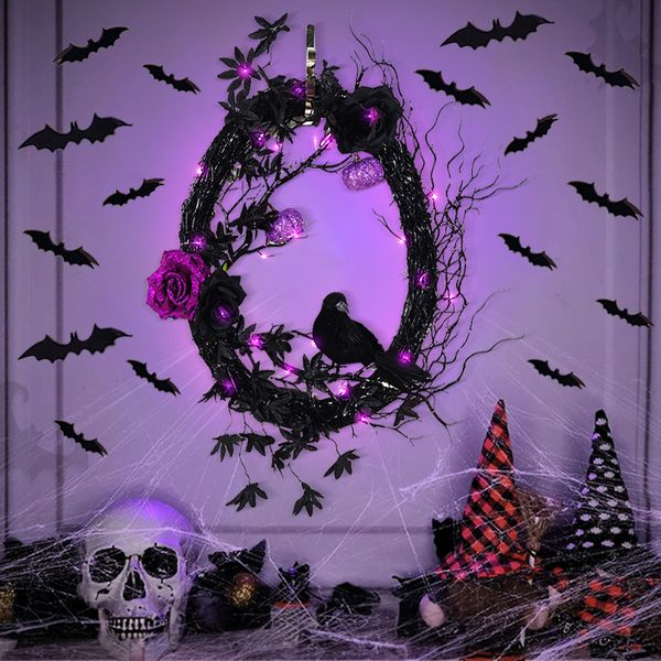 Autres fournitures de fête d'événement Halloween Black Crow Bat Horreur Couronne avec lumière LED Lune Chat Porte d'entrée Fenêtre Décorations murales Intérieur Extérieur Fête de vacances 230906