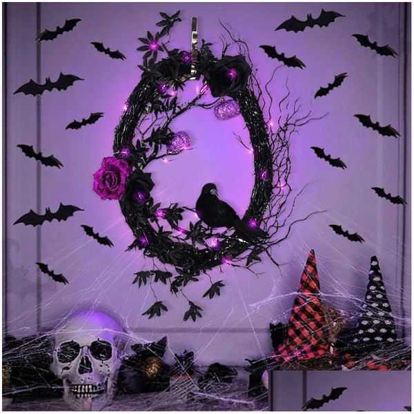 Autres fournitures de fête d'événement Halloween Black Crow Bat Horreur Couronne avec LED Light Moon Cat Porte d'entrée Fenêtre Décorations murales Intérieur Ou DHTCL