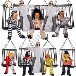 Autres fournitures de fête d'événement Halloween Décoration Prisonnier Fantôme dans la cage Effrayant Crâne Prop Squelette électrique Jouet Glowing Eye Sound Doll Hangable Talking Ghost 231019