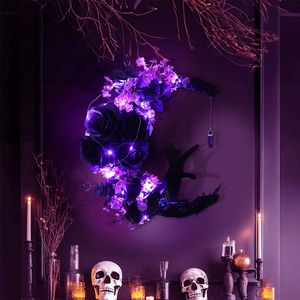 Autres fournitures de fête d'événement Décoration d'Halloween Couronne d'Halloween Chauve-souris Couronnes de branches noires avec lumière LED Couronnes de 45 cm pour portes d'entrée, fenêtre, placard d'escalier 230904