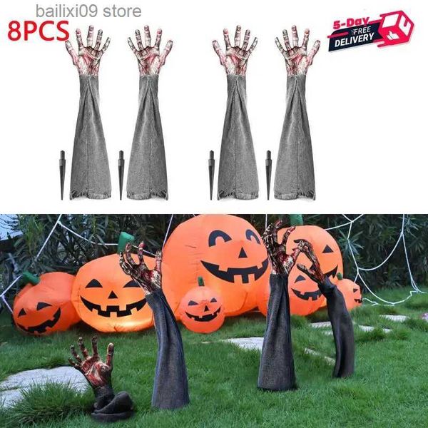 Autres fournitures de fête d'événement Décoration d'Halloween 8pcs Jardin extérieur Pelouse Zombie Mains Noir Horreur Zombie Bras Stakes Ornements Maison hantée Accessoires T231012