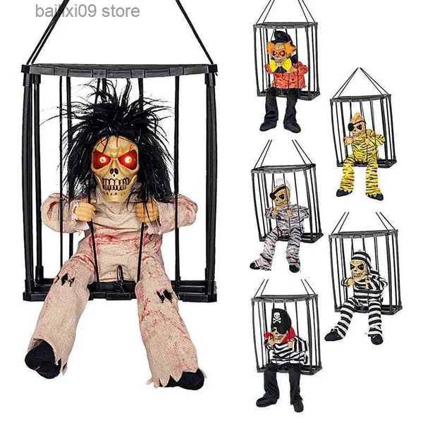 Autres événements Fournitures de fête Halloween Décoration Prisonnier Fantôme dans la cage Effrayant Crâne Prop Squelette électrique Jouet Glowing Eye Sound Doll Hangable Talking Ghost T231012