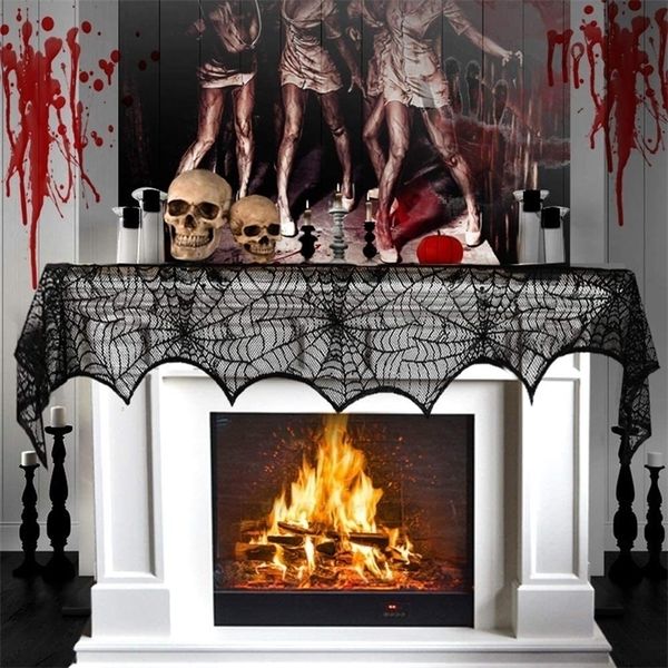 Otros suministros para fiestas de eventos Decoración de Halloween Mantel de tela de araña de encaje negro Manto de chimenea Camino de mesa Cubierta de mesa de tela de araña redonda Suministro de Halloween 22082