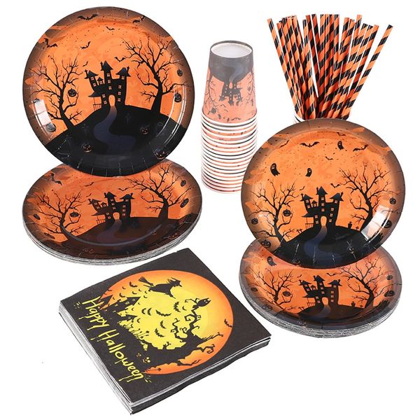 Otro evento Suministros para fiestas Halloween Juego de vajilla desechable Platos de papel Tazas Servilletas Mantel Castillo Calabaza Decoración 231009