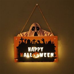 Other Event Party Supplies Halloween Panneau de porte avec lumières en bois Happy Halloween Porch Sign Horror Pumpkin Hanging Decor for Indoor Outdoor Home Wall 220829