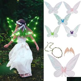 Autres fournitures de fête d'événement Halloween Fairy Girls Costume Dress Up Sparkling Pif Wings with Flower Crown Bandband et Elf Ears Set Dhxbc