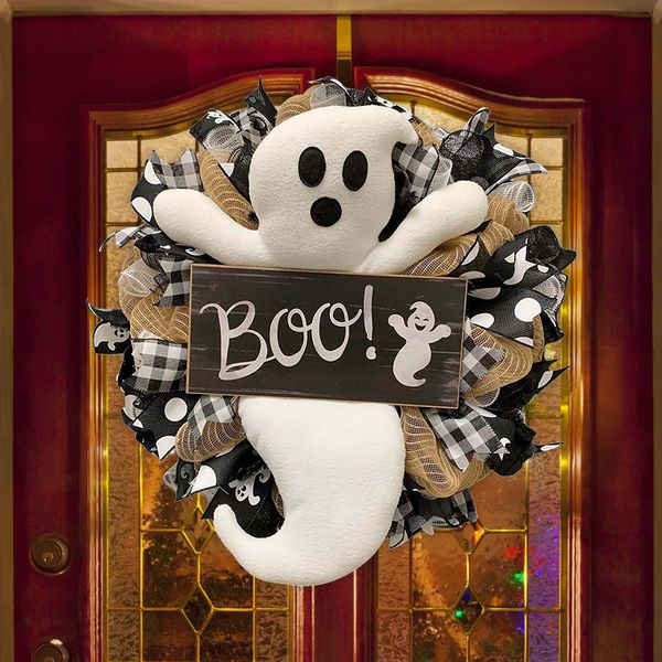 Otros suministros para fiestas de eventos Halloween Ghost BOO Wreath Guirnalda de Halloween Door Hanging Wreath Home Party Supplies Party Pendant Door Hanger Decoración del hogar 230821