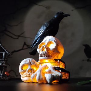 Autres fournitures de fête d'événement Halloween Glowing Crow Skull Head Lampe LED Lumières Effrayant Raven Crow sur Skull Statue Halloween Bar Décoration de la maison Horreur Props 230905