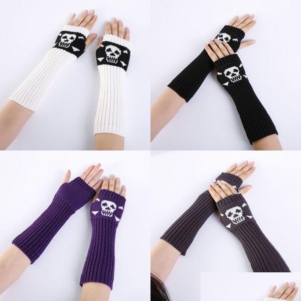 Autre événement Fournitures de fête Halloween Punk Gants Unisexe Squelette Skl Demi Doigt Glow In The Dark Fingerless Stretch Tricoté Winte Dhq3T