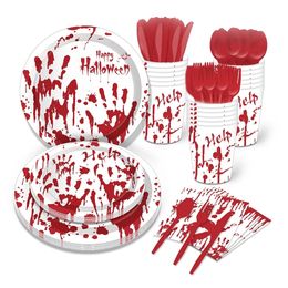Otros suministros para fiestas de eventos Día de los santos de Halloween BOO Themed Bloody Horror Handprint Cubiertos desechables Cubierta de mesa Banner Globo Paja Holiday Suppli 230818