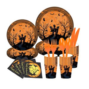 Andere evenementen Feestartikelen Halloween-thema Wegwerpservies Cartoon Papieren Bord Beker Servet Banner Set Happy Helloween 231009