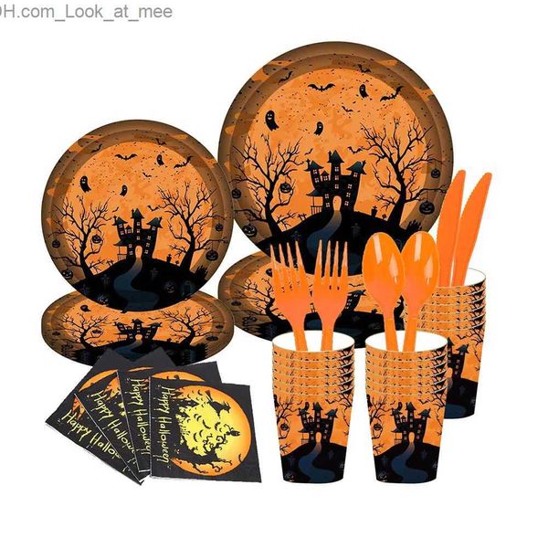 Autres fournitures de fête d'événement Halloween Thème Fête Vaisselle jetable Dessin animé Assiette en papier Tasse en papier Serviette en papier Bannière Ensemble Happy Helloween Party Supplies Q231010