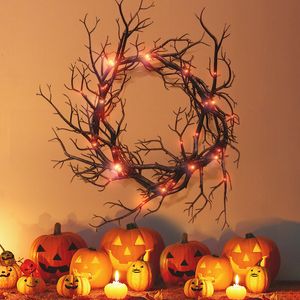 Autres fournitures de fête d'événement Simulation de couronne d'Halloween Couronnes de branches noires avec lumière LED rouge Couronnes de 42 cm pour portes Guirlande de fleurs Décoration d'Halloween 230905