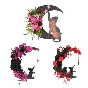 Autre événement Fourniture de fête Halloween Wreath Moon For Cat Rose Garland Front Door Dorations pour Home Holiday Office Farmhouse Ornement Cadeaux 230817