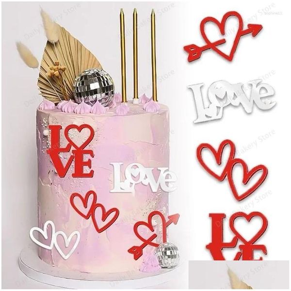 Otro evento Suministros para fiestas Heart Love Cake Topper Oro Acrílico En forma de corazón Boda Cupcake Día de San Valentín Regalo Postre Decoración para hornear DHSJB